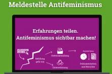 Lila Schaubild auf Laptop mit grünem Hintergrund. Caption "Meldestelle Antifeminismus. Erfahrungen teilen. Antifeminismus sichtbar machen! www.meldestelle-antifeminismus.de"