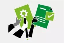 Grüne und schwarze Symbole mit Händen, Bleistift, Datei und Häkchen.