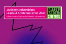 Cover des Lagebilds Antifeminismus: Lila Hintergrund mit blauen Ounkt in der Mitte. unten rechts ein weißer Pfeil von dem aus ein schwarzer Riss über das gesamte Cover geht, oben der Titel mit Logo.