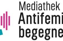 Wort-Bild-Logo der Antifeminismus begegnen-Mediathek (tannengrünes Dateisymbol mit weiß-schwarzem Playbutton und pinken Frequenzen an der Seite).