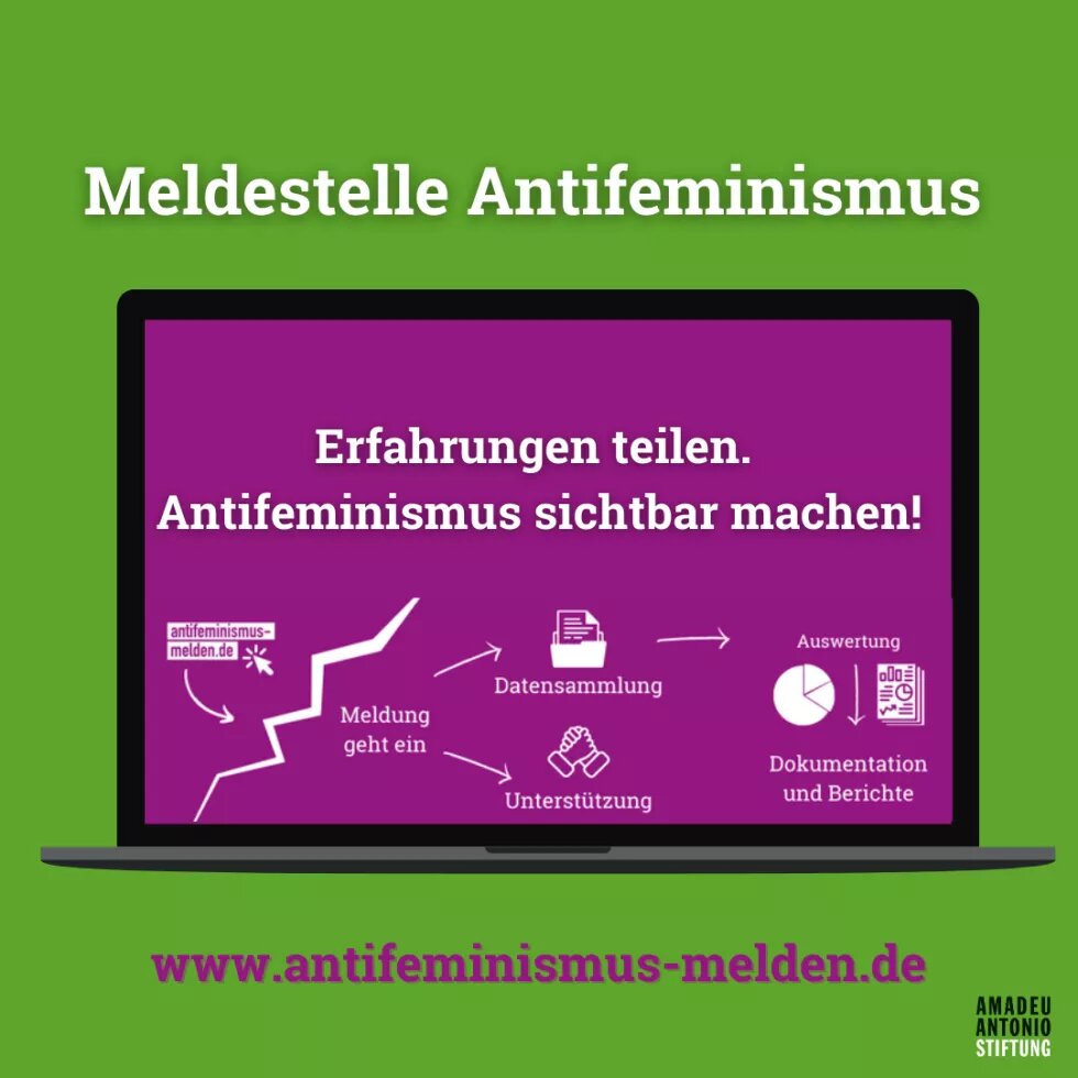 Lila Schaubild auf Laptop mit grünem Hintergrund. Caption "Meldestelle Antifeminismus. Erfahrungen teilen. Antifeminismus sichtbar machen! www.meldestelle-antifeminismus.de"