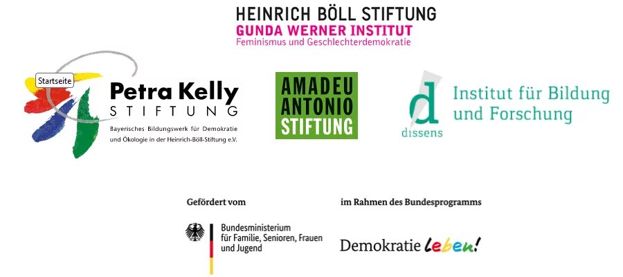 Logos der Petra-Kelly-Stiftung, der Amadeo-Antonio-Stiftung, des Gunda-Werner-Instituts und des BMFSFJ