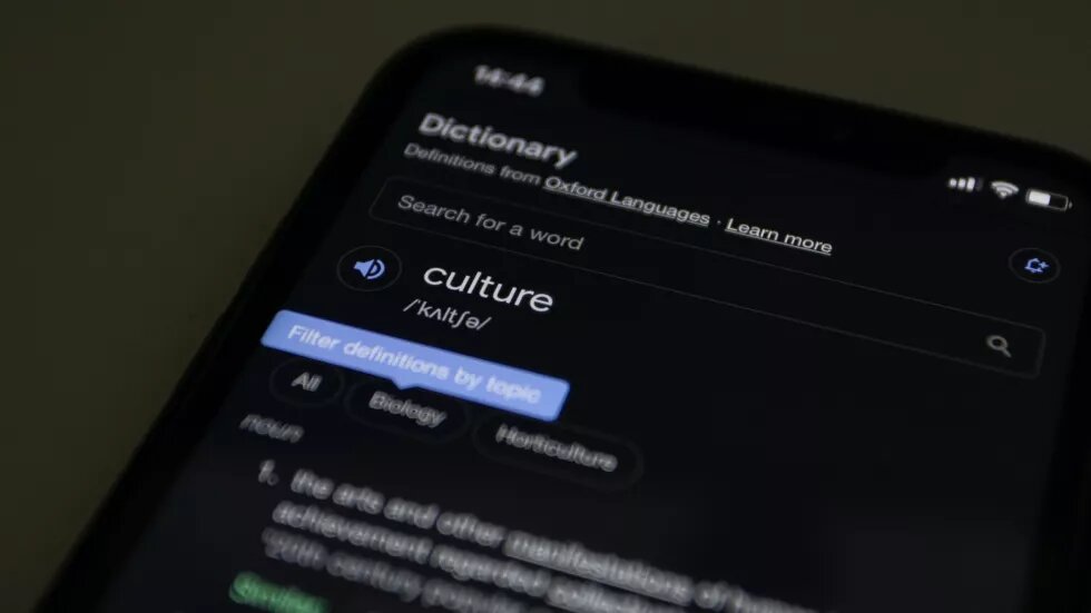 Ausschnitt eines Smartphones bei dem im englischen Wörterbuch "culture" gesucht wird.